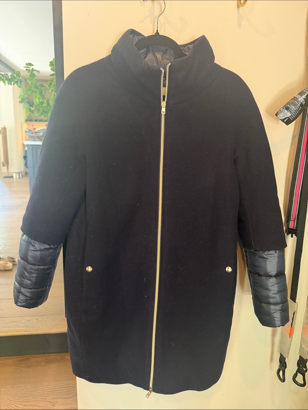 Herno Navy Coat with Gold Zip and Quilted Sleeve Panels size 14